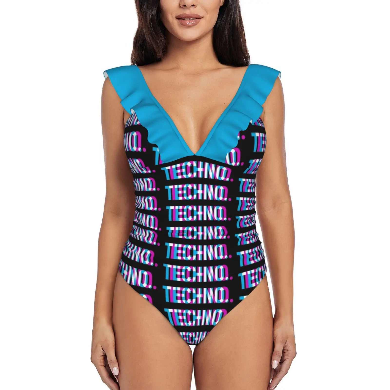 

Новый купальник с принтом, купальник с глубоким V-образным вырезом и оборками, Цельный купальник, пляжная одежда, монокини, техническая рели...