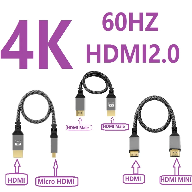 1 м/2 м/3 м HDMI-кабель, нейлоновый HD 4K @ 60 Гц, совместимый с V2.0 HDMI в HDMI MINIHDMI MICROHDMI MINI MICRO Extension