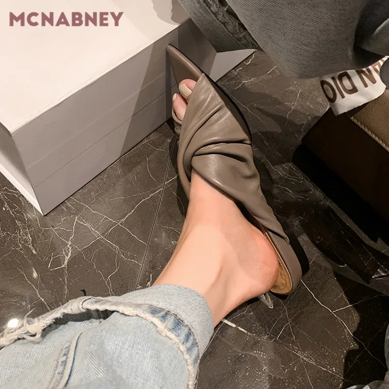 Folded Cross Open-Toed Slippers Summer New French Design Pointy Muller Slippers Casual Fashion Home Wear Flat Slippers