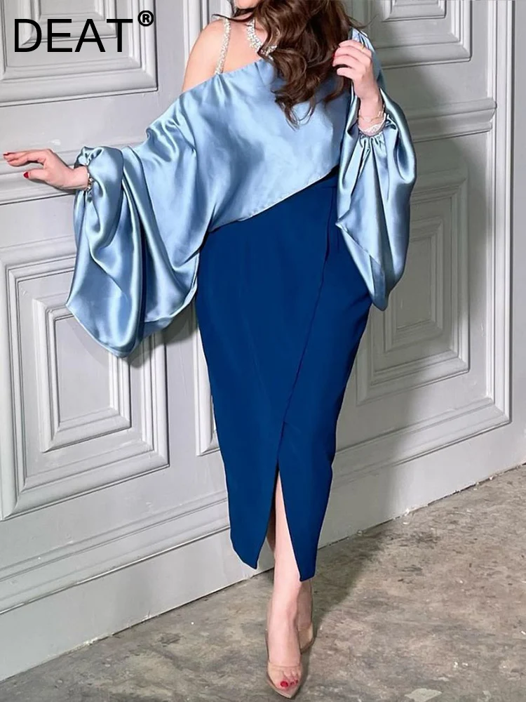

[DEAT] New Sexy Slim Party Club Female Split Dress Long Sleeve Spliced Elegant Women Hip Wrap Dresses 2023 Spring 13DB932
