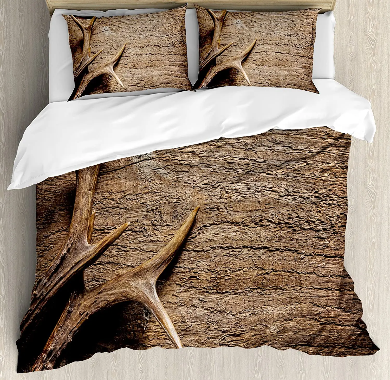 

Antlers Decor Bedding Set For Home Bed Deer Antlers on Wood Table Rustic Texture Surface Hunting Season Decorating Duvet Cover