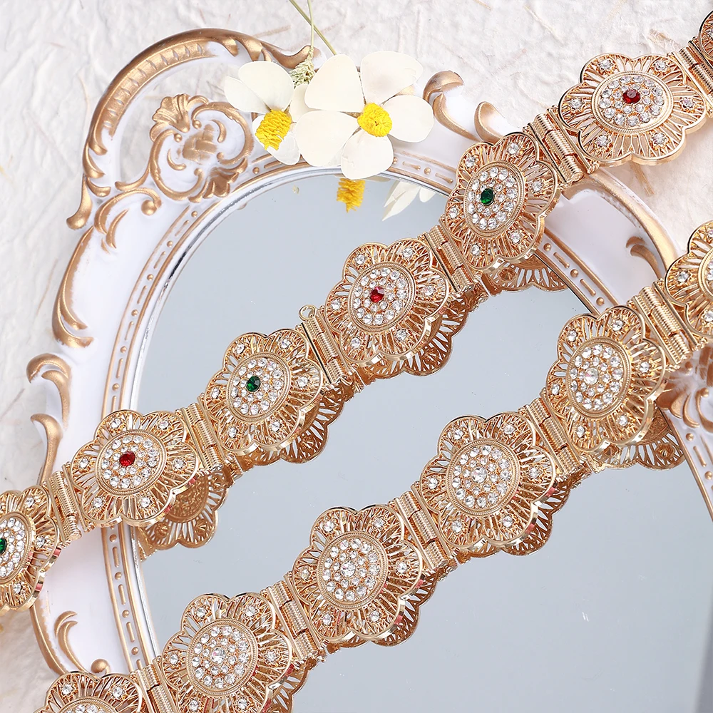 Moroccan-style Retro Gold Belt  Flowers Hollowed Out  With  Diamond-encrusted  Exquisite Length Adjustable New Waist Chain