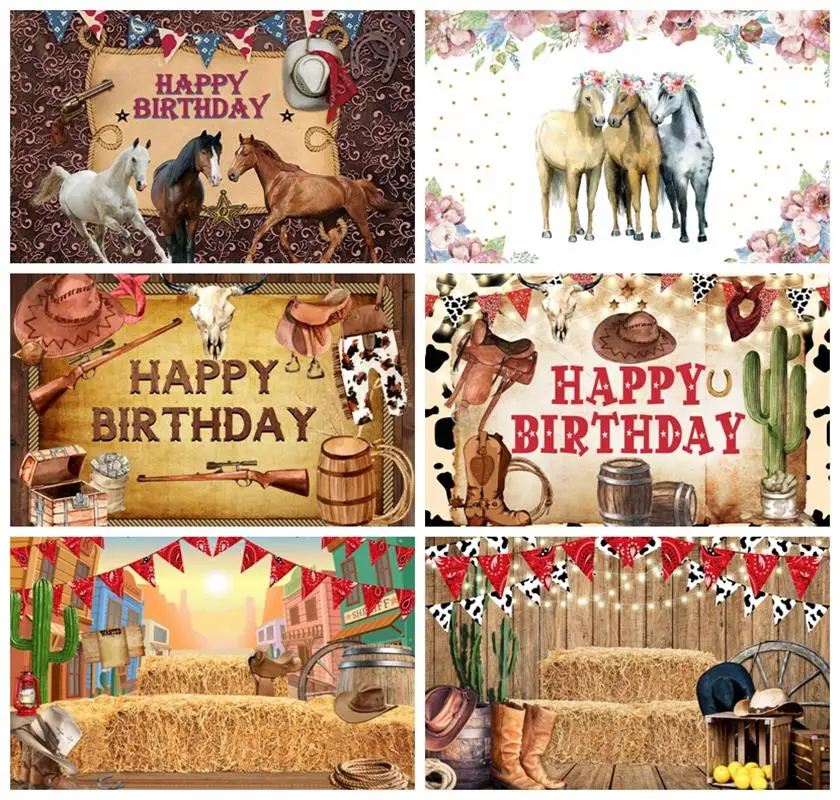 

Laeacco Western Cowboy Happy Birthday Photo Backdrop White Horse Vintage Pattern Kids Portrait Customized Photography Background