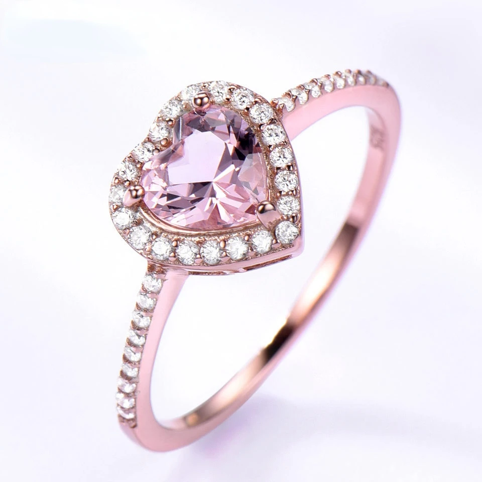 

925 Sterling Silver Ring gem pink heart-shaped Morgan stone ring female European and American zircon temperament gem ring