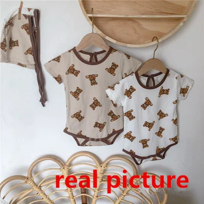 2022 New Baby Bear Bodysuit Summer Short Sleeve  Boys Clothes Cute Bear Print Baby Girl Bodysuit Cotton Toddler Jumpsuit + Hat