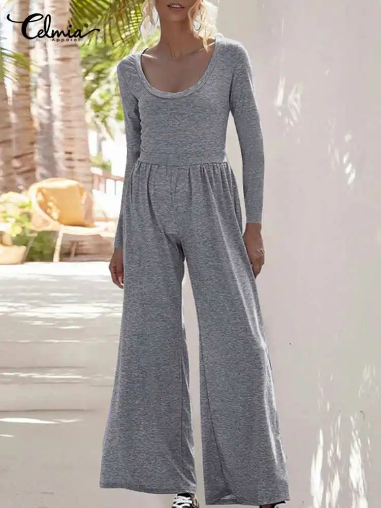 

Повседневные однотонные комбинезоны Celmia с завышенной талией, осень 2022, праздничные эластичные широкие брюки, вязаные женские комбинезоны с...