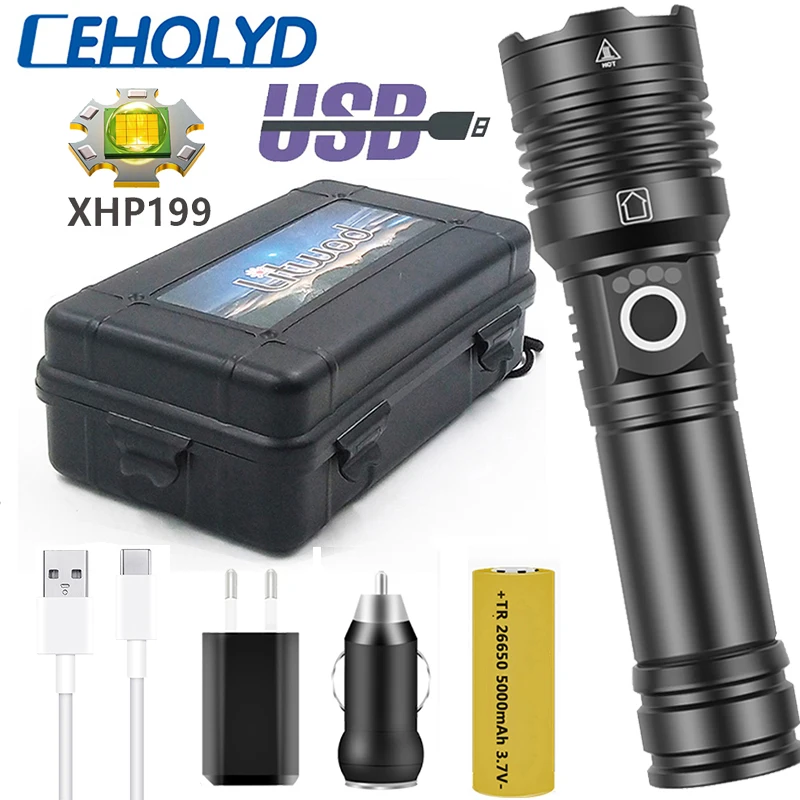 Сверхъяркий светодиодный фонарик Ceholyd XHP199 26650 лм Type-C Usb-зарядка масштабируемый