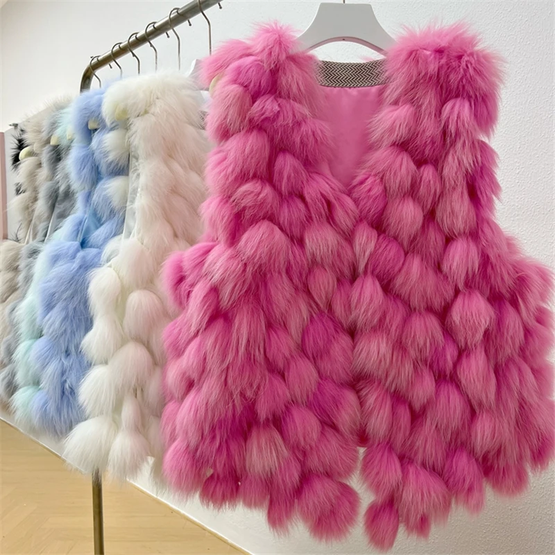 2022 Winter New Real Fox Fur Vests For Women Korean Natural Fox Fur Coat Warm Short Sleeveless Fur Jacket Female Waistcoat Y3065