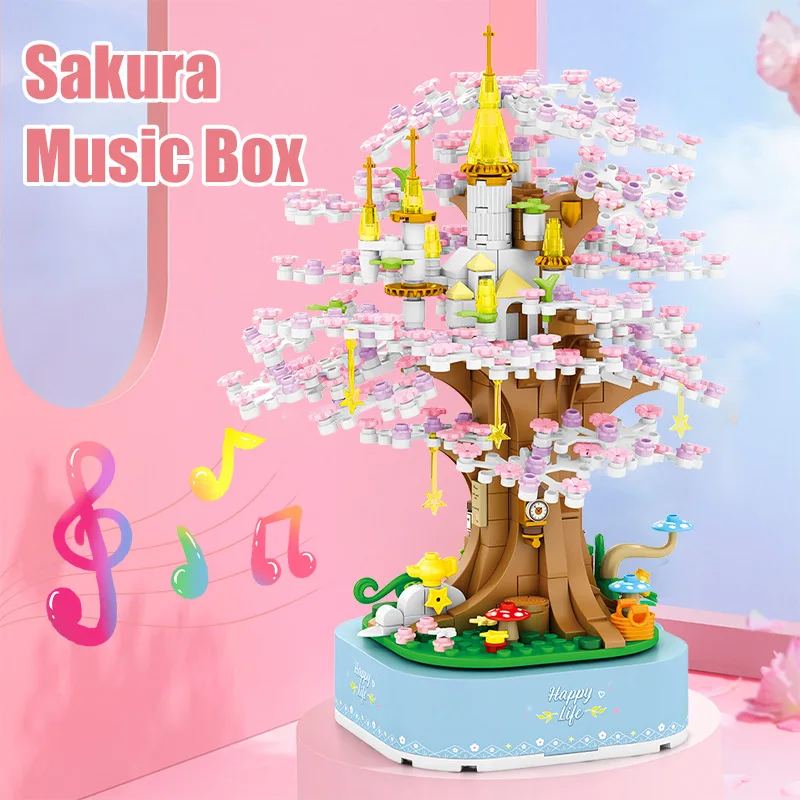 

Rotating Sakura Music Box Model Building Blocks MOC Figures With Lighting Toys Friends Cherry Blossom Tree Bricks Girl Kids Gift