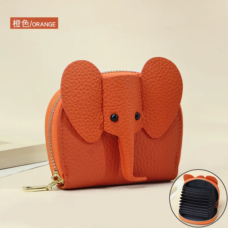 

Leather Organ Card Bag Creative Personality Elephant Zipper Small Wallet Solid Color Multi Card ID Card Clip Wallet