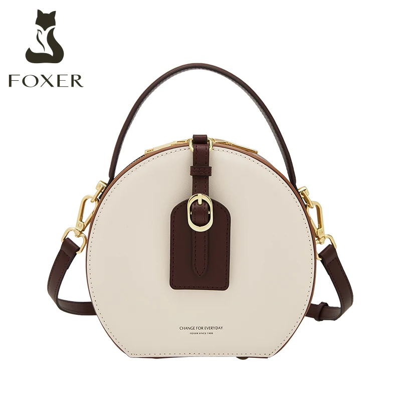 

FOXER Female Stylish Round Crossbody Bag Split Leather Shoulder Bag Lady Design Circular Messenger Zipper Women's Small Handbags