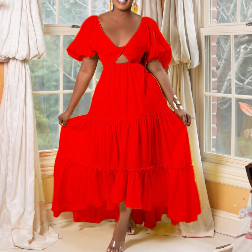 

Cutubly Women Dress V-neck Vestidos For Girls Dresses Elegant Bandage Lace Up Streetwear Female African Style Puff Sleeve Sexy
