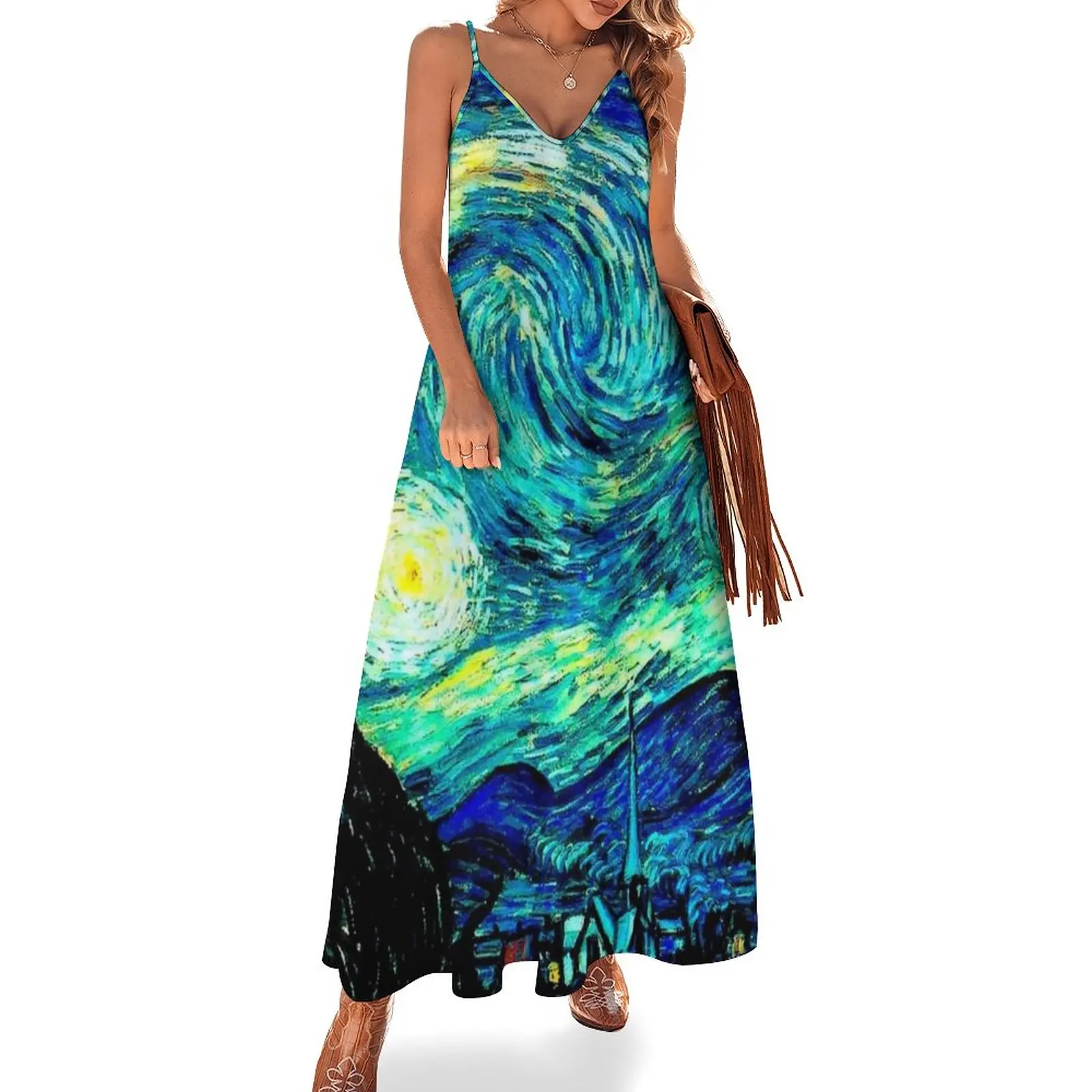 

Длинное платье с V-образным вырезом, в богемном стиле