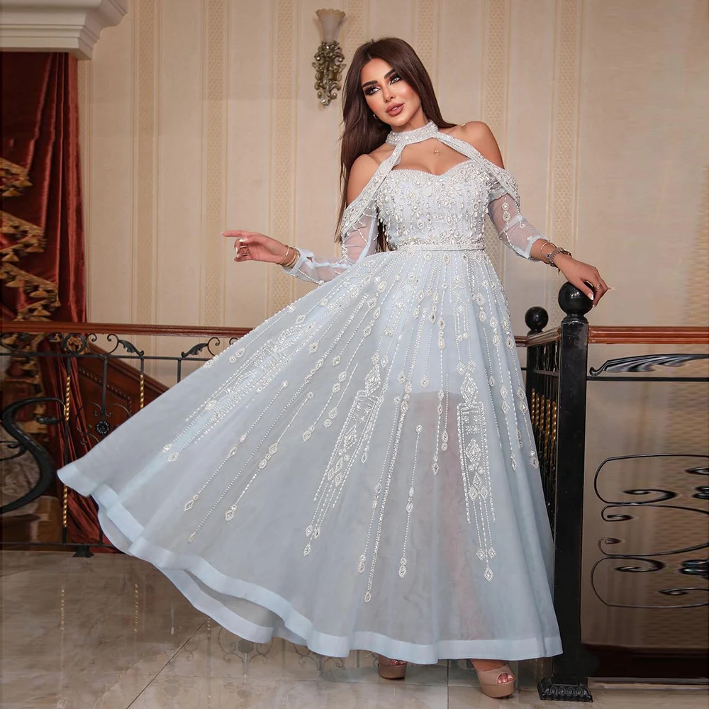 

Sharon Said Luxury Dubai Light Blue Evening Dress for Women Wedding Elegant Off Shoulder Beaded Arabic Formal Party Gowns SS418