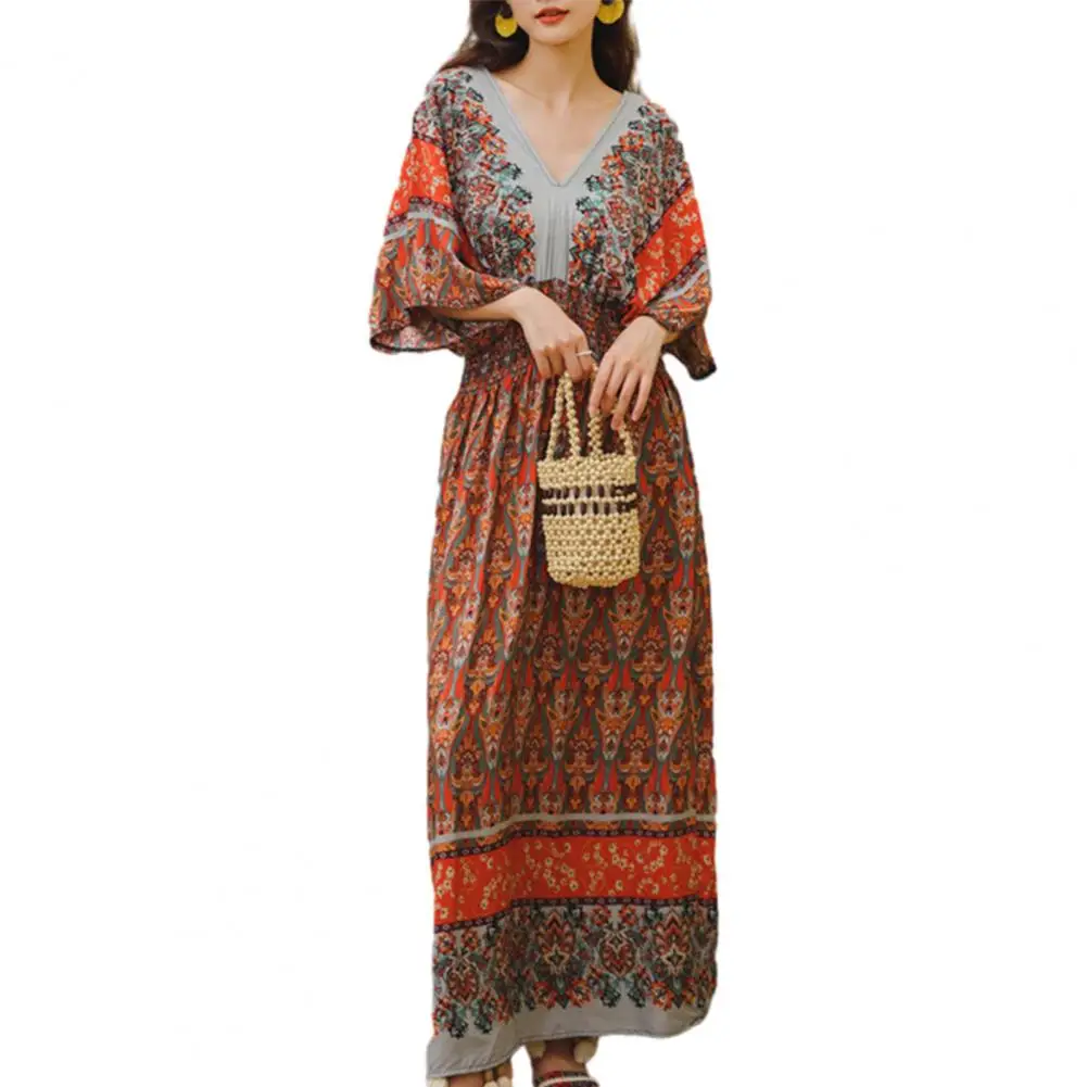 

Women Long Dress Women Midi Dress Vintage Swing Slim Waist Beach Midi Dress Women's Bohemian Short Sleeve V-neck Summer Vacation