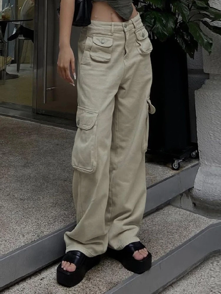 

WeiYao Khaki Cotton Denim Cargos Pants Pockets Stitch Casual Streetwear Low Waisted Straight Leg Jean Trousers Women 90s Jeans
