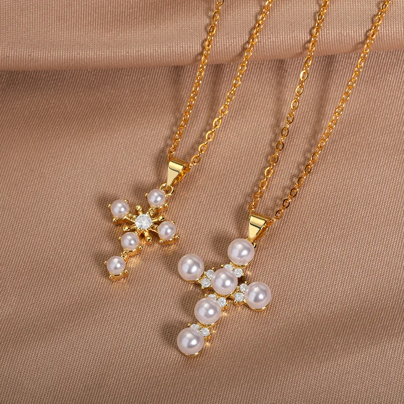 

Romantic Cross Necklaces For Women Gold Color Pearl Jesus Cross Pendant Necklace Collar Choker Charm Jewelry Free Shipping items