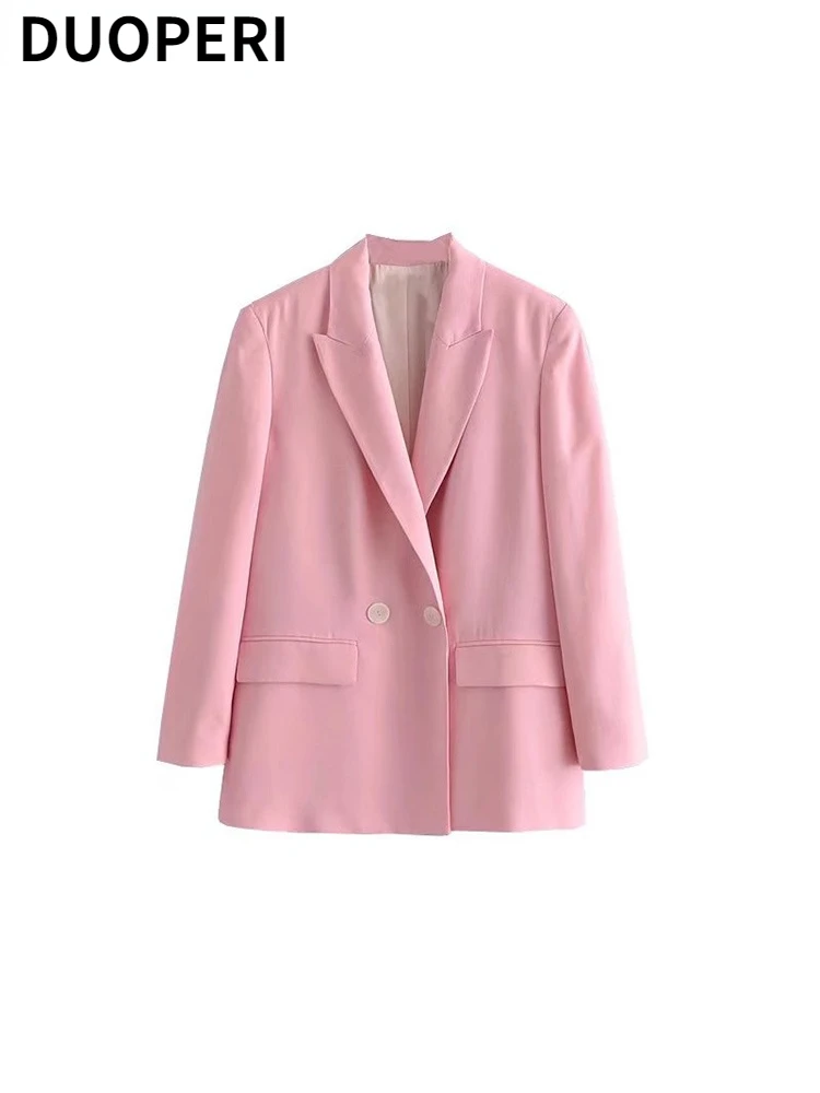 

DUOPERI Women Fashion Solid Pink Double Breasted Blazers Long Sleeves Notched Neck Front Pockets Female Chic Lady Vintage Coats
