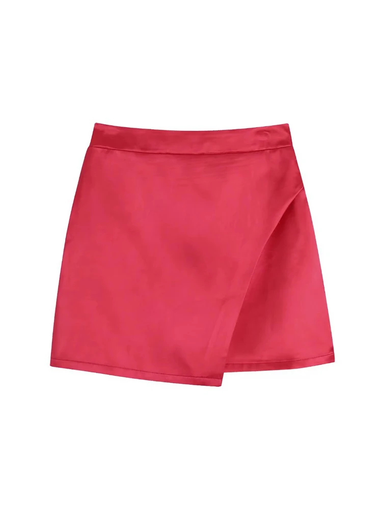 

2022 Summer Women Satin Mini Skirts Fashion Solid Zipper Wrap Asymmetrical Female Casual Street Skirt Clothing