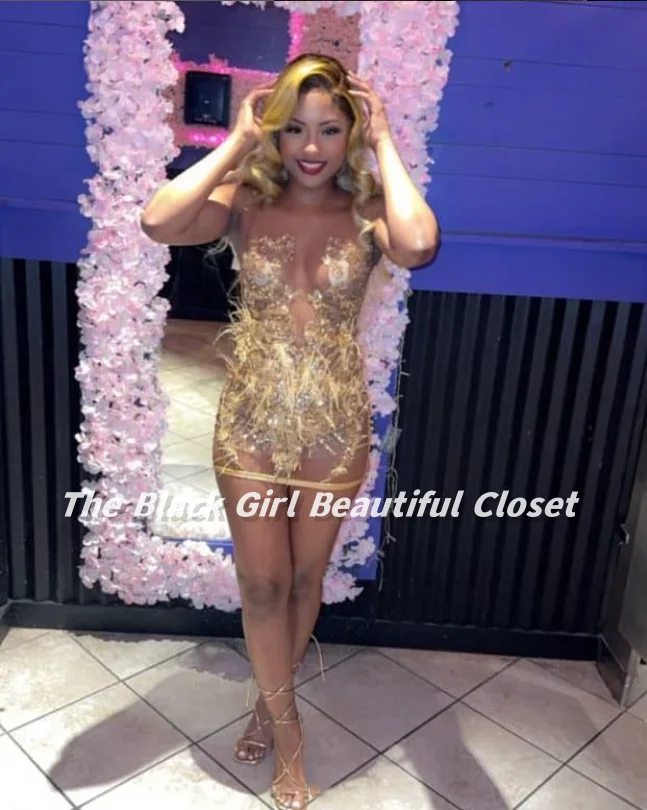 Сексуальное Золотое выпускное черное платье для девушек украшенное бисером и