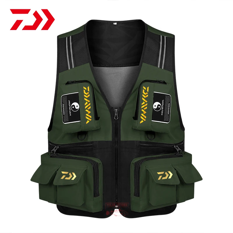 

New Daiwa Fishing Vest Men's Multi-pocket Breathable Waterproof Mesh Vest Wear-Resistant Reflective Strip Outdoor Fishing Vest