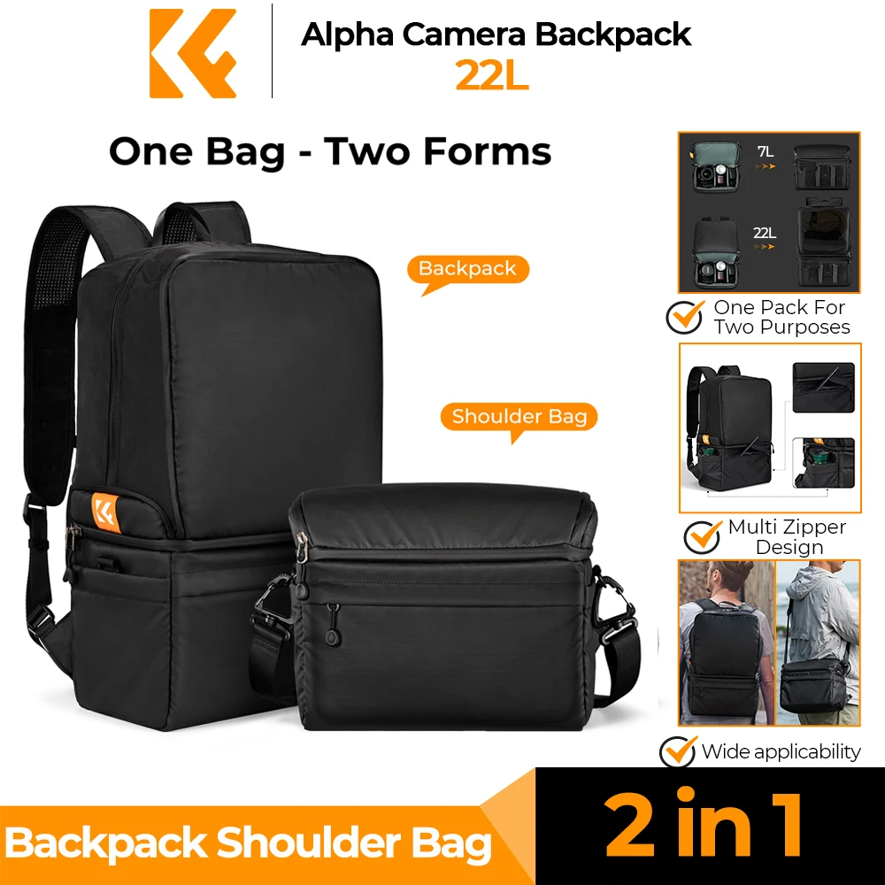 Фото Рюкзак K & F Concept 22L для фотоаппарата, дорожная сумка через плечо для фотоаппарата, подходит для объективов камер Sony, Canon, Nikon, 2 в 1 №1