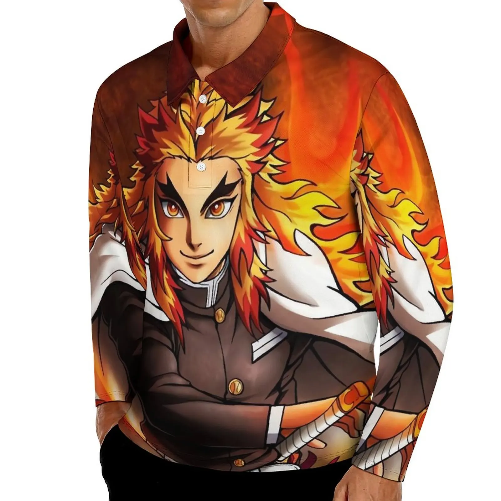 

Demon Slayer Casual Polo Shirts Rengoku Kimetsu No Yaiba T-Shirts Long Sleeve Pattern Shirt Spring Streetwear Oversize Tops Gift