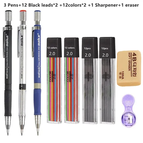 Набор механических карандашей 2B, 2,0 мм, автоматические школьные карандаши, цветные/черные свинцовые наполнители, искусство, эскиз, искусственные канцелярские принадлежности