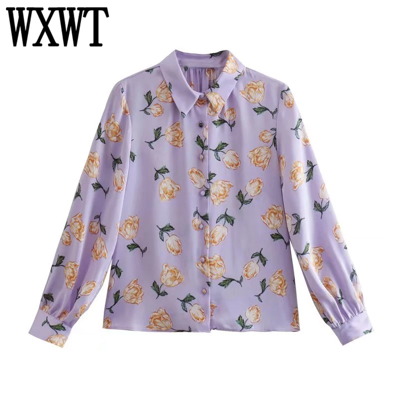 

WXWT Women Print Button-Up Shirt Turn-down Collar Casual Blouse Female Long Sleeve Tops Chemise Femme OP9930