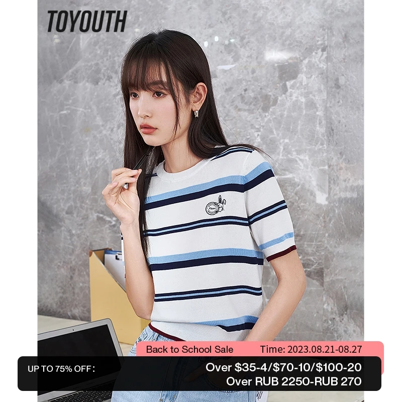 

Toyouth Women Knitwear 2023 Summer Short Sleeve O Neck Slim Stretch T-shirt Blue White Stripe Cool Fabric Casual Chic Tops