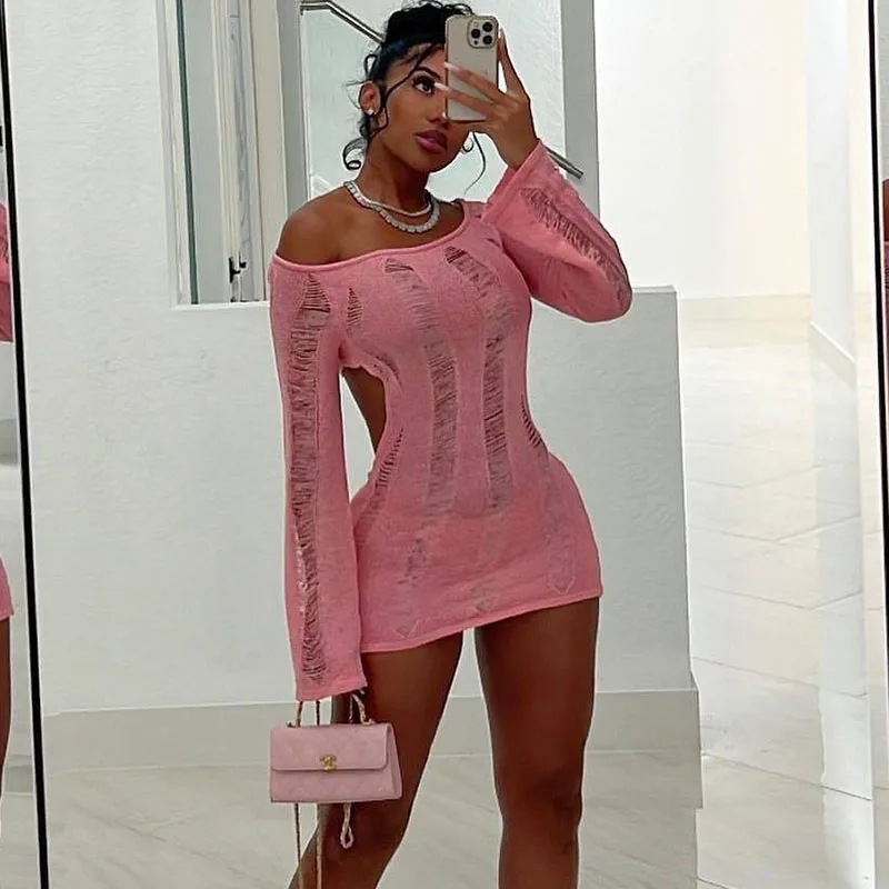 Женское трикотажное платье-мини с открытой спиной и длинным рукавом