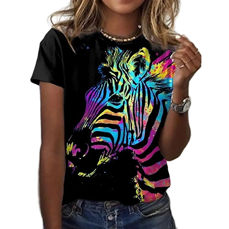 

Женская футболка в стиле Харадзюку, летняя красочная футболка с 3D-принтом зебры, слона и бабочки, 2023