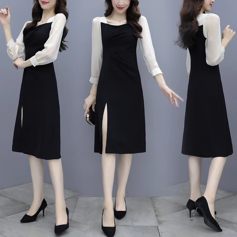 

Платье шифоновое однотонное с квадратным вырезом и длинным рукавом