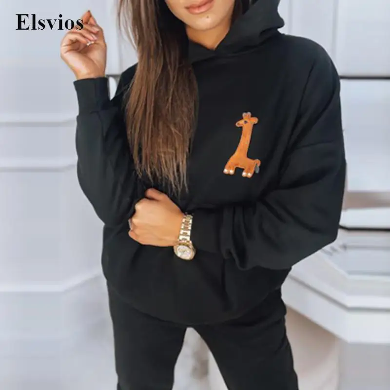 

Casual Long Sleeve Sweathirt Tops + Pants Outfits Suit Women Loose Tracksuit Fashion Giraffe Print Hooded Hoodies Set Streetwear
