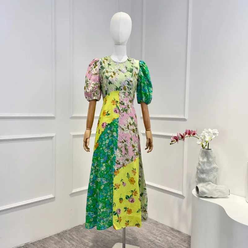 

Женское винтажное платье миди, разноцветное льняное платье с цветочным принтом, коротким рукавом-фонариком, повседневная одежда, 2023