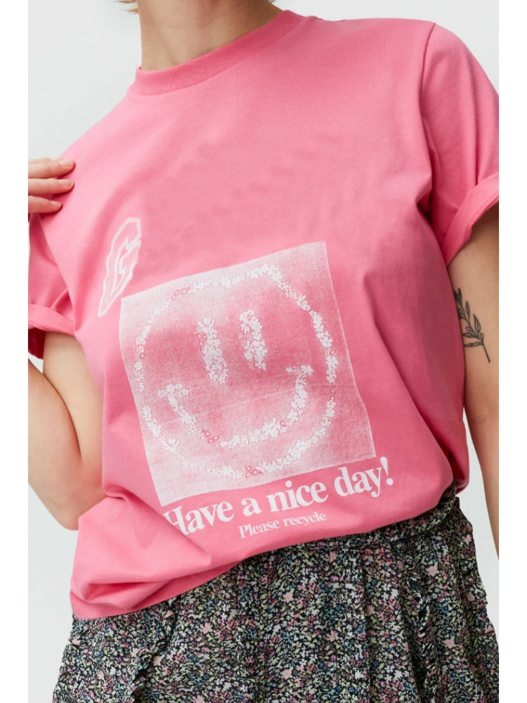 

Women T-shirt 2022 Summer New 100% Cotton Round Neck Letter Smiley Print Women Casual Short-sleeved T-shirt Top