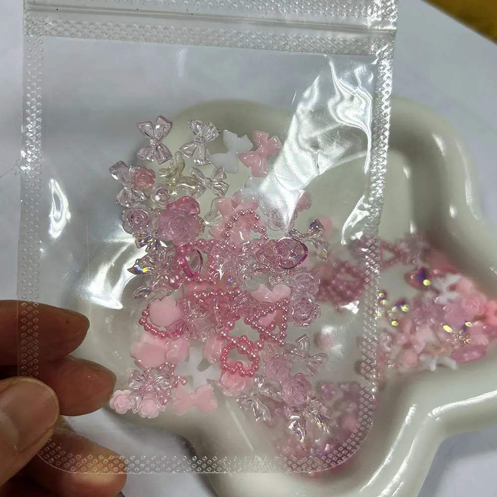 Фото 50/100 шт. 3D Kawaii Розовый Белый Бант/Цветок Для Ногтей Подвески Жемчужное Звездное Сердце, Лента Авроры Стразы Для Ногтей Смола Ремесло Для Ногтей Dec №5