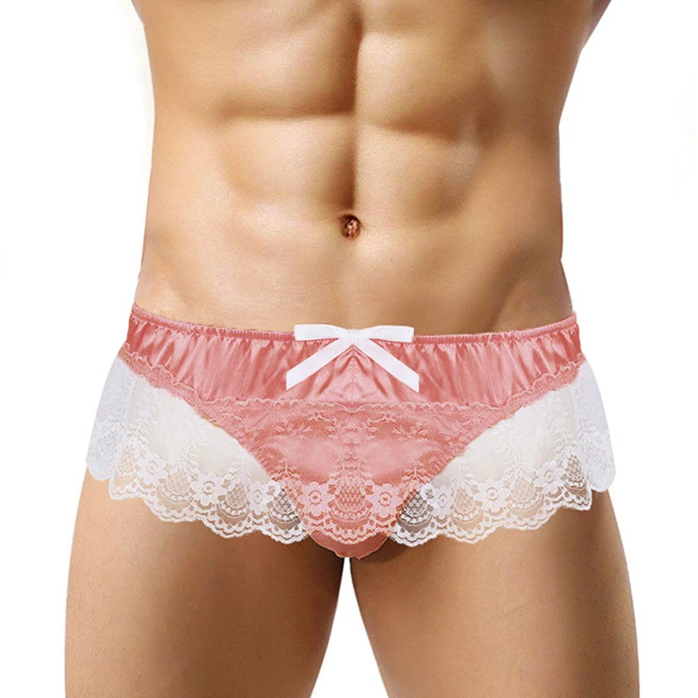

Gay Men Lace G-String Sissy Skirt T-Back Tong Ruffle Erotic Lingerie Pouch Panties Sexy Satin Briefs Underwear Gay Wear A50