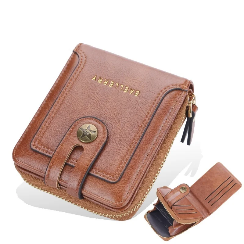 

High Quality Leather Men's Short Wallet Vintage Multi Card Slot Coin Purse Business Man Holders Zipper Money