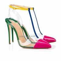 mixed colors t strap patent leather sandals pointed toe thin heel novelty high heels sexy hollow fashion female high heels
