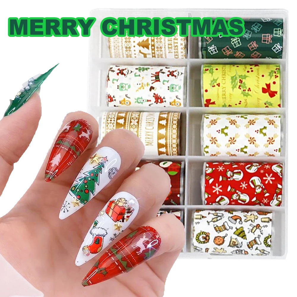 

2023s Boxed Christmas Transfer Foil Stickers 4*100cm*10ROLLS Set Nail Sticker Self-Adhesive Manicure Transfer Slider NZ-12.25