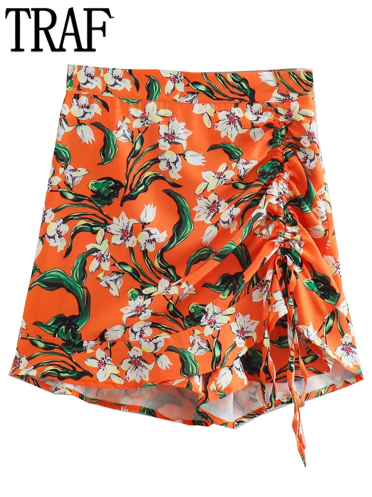 

TRAF Floral Ruffle Skorts Women Orange High Waist Shorts Women Summer Pleated Bermuda Shorts Woman Drawstring Short Pants Women