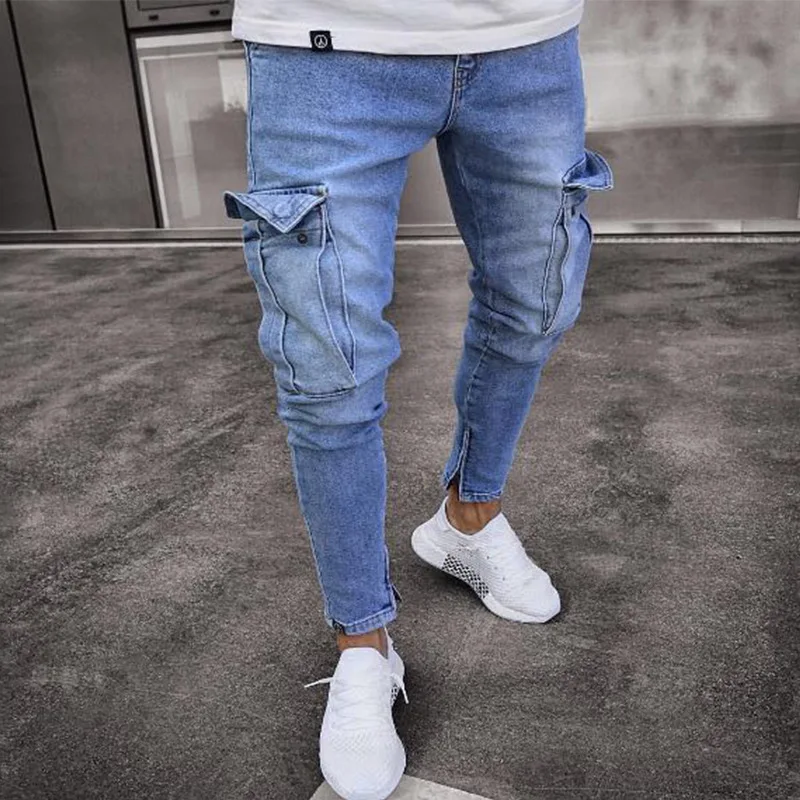 Trend Hole Zipper Men's Stretch Jeans Spring and Autumn Full Length Fashion Slim Fit Pencil Denim Pants Male Trousers