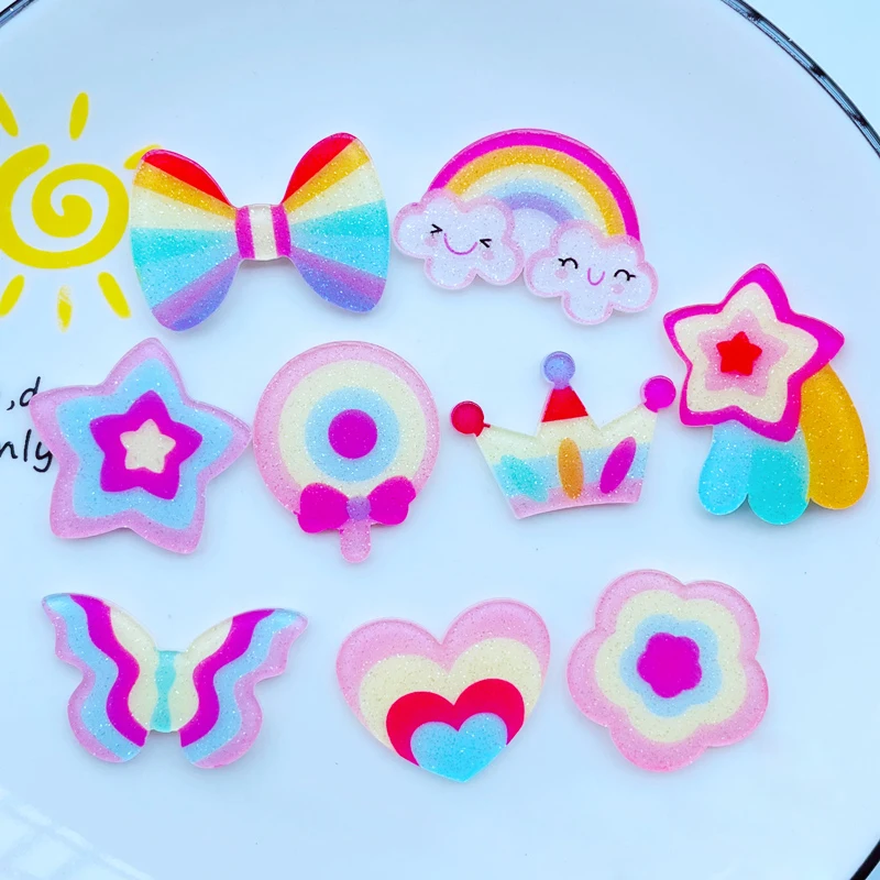 

10 Pcs New Cute Kawaii Cartoon Caihong, Meteor, Lollipop Acrylic Cabochons Scrapbook Diy Hairpin Accessories Decorate Craft J86