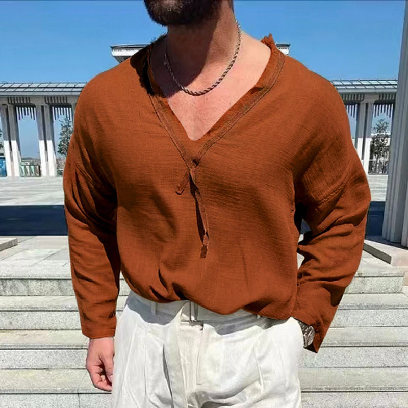 

Summer Spring Vintage Ripped Solid Color Shirts Mens Casual Loose Long Sleeve V-Neck Shirt Fashion Men Clothes Tops Streetwear