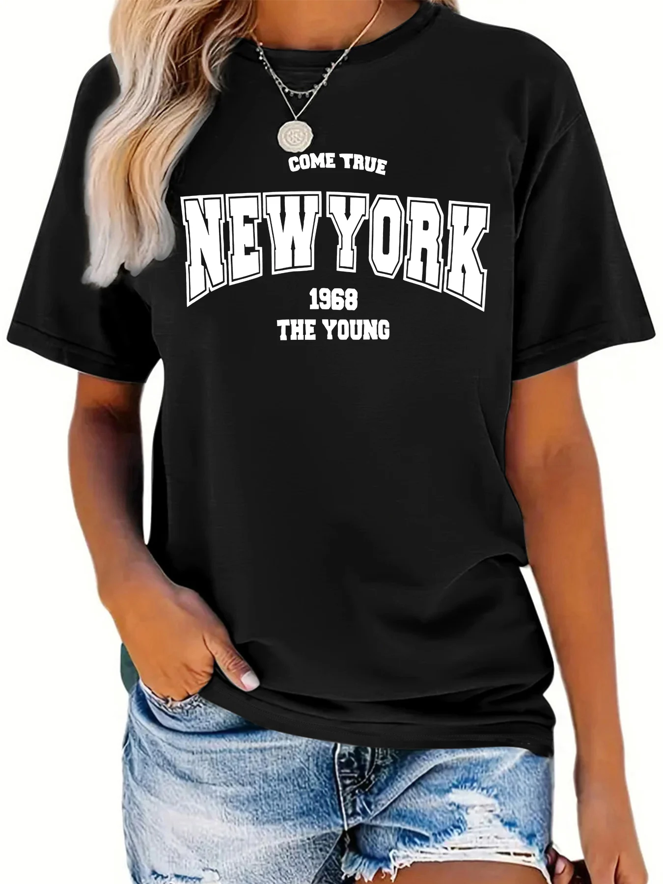 Футболка с надписью New York повседневный модный топ коротким рукавом и круглым