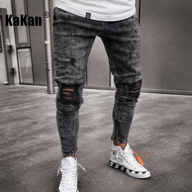 Kakan - European and American New High Quality Men's Worn Down Feet Elastic Jeans, Black Wash Tight Jeans K40-L0005