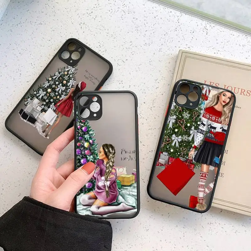 

Merry Christmas tree Brown Hair Girl Phone Case matte transparent For iphone 11 12 13 7 8 plus mini x xs xr pro max cover