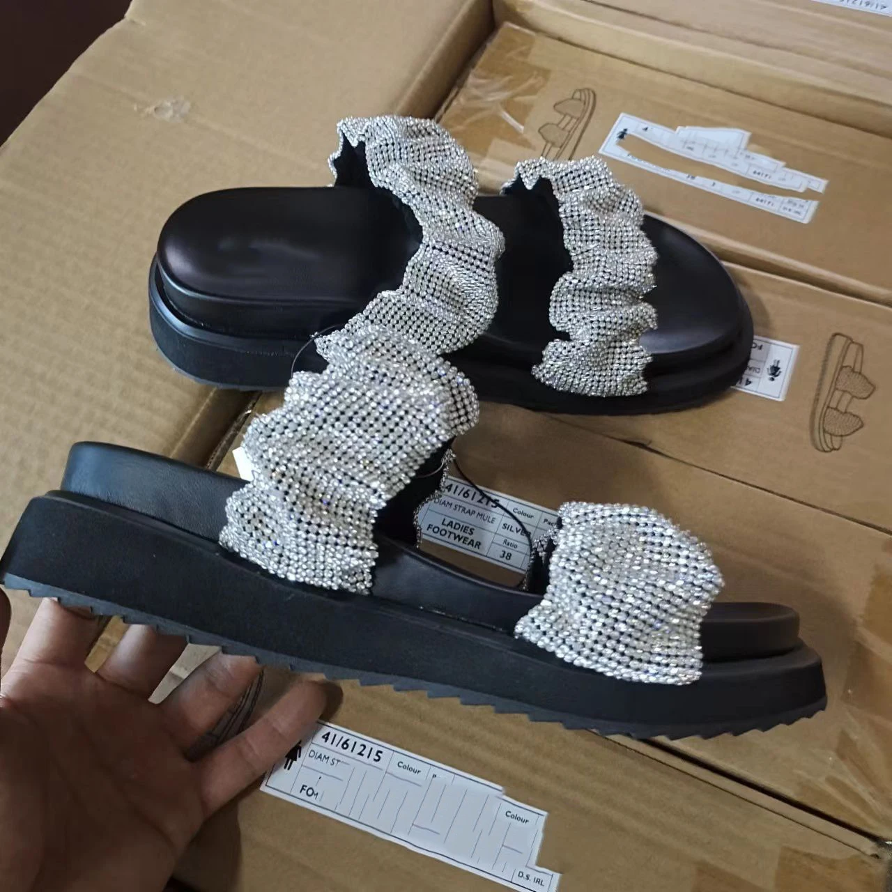 European and American 2023 new fashion casual Fashion pleated rhinestone women's platform slippers sandals