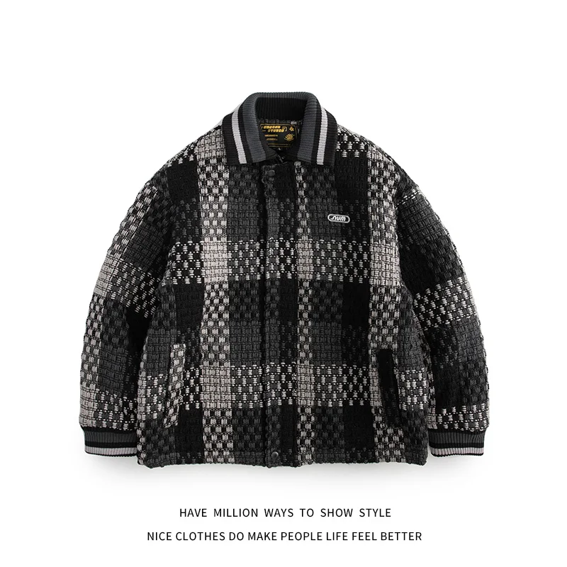 

Vintage Retro Weave Plaid Winter Thick Warm Woman Oversize Jacket Unisex Man Streetwear Old School Varsity Coat College Casual
